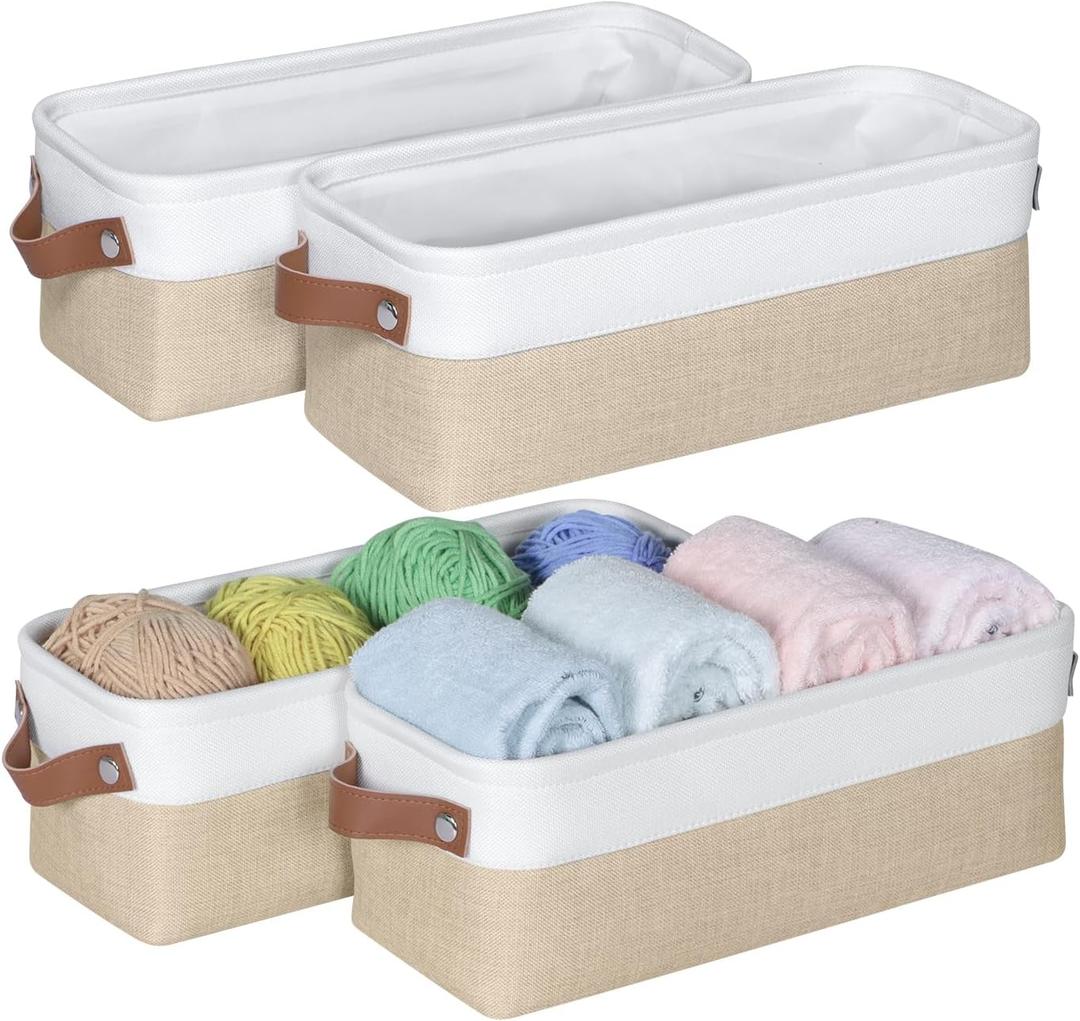 Kntiwiwo Small Fabric Storage Bins, 15x6x5 inch Narrow Storage Baskets 4-Pack Long Storage Basket for Organizing with Handles, Decorative Basket for Closets, Shelves, Toilet Paper, Beige