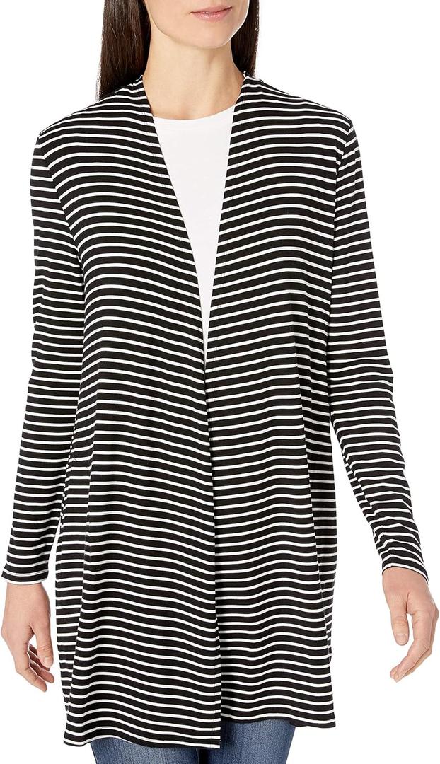 Amazon Essentials Women's Long-Sleeve Open-Front Long Cardigan (Black White Horizontal Stripe), Small