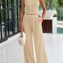 PRETTYGARDEN Spring Two Piece Sets For Women 2025 Ribbed Knit Crew Neck Sleeveless Tank Tops Wide Leg Pants Casual Lounge Set (S)