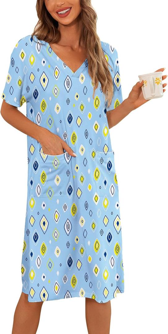 YYA Loose Nightgowns for Women Short Sleeve Sleepwear V Neck Nightshirt with Pockets Soft Pajama Dress S-3XL (L)