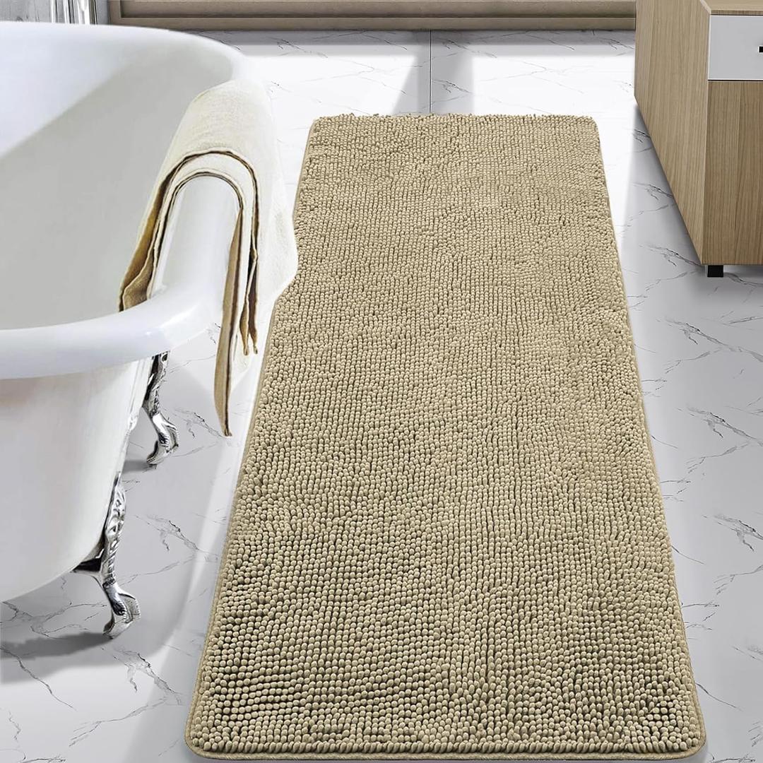 LOCHAS Luxury Bathroom Rug Shaggy Bath Mat 24 x 60 Inch, Washable Non Slip Bath Rugs for Bathroom Shower, Soft Plush Chenille Absorbent Carpets Mats, Beige
