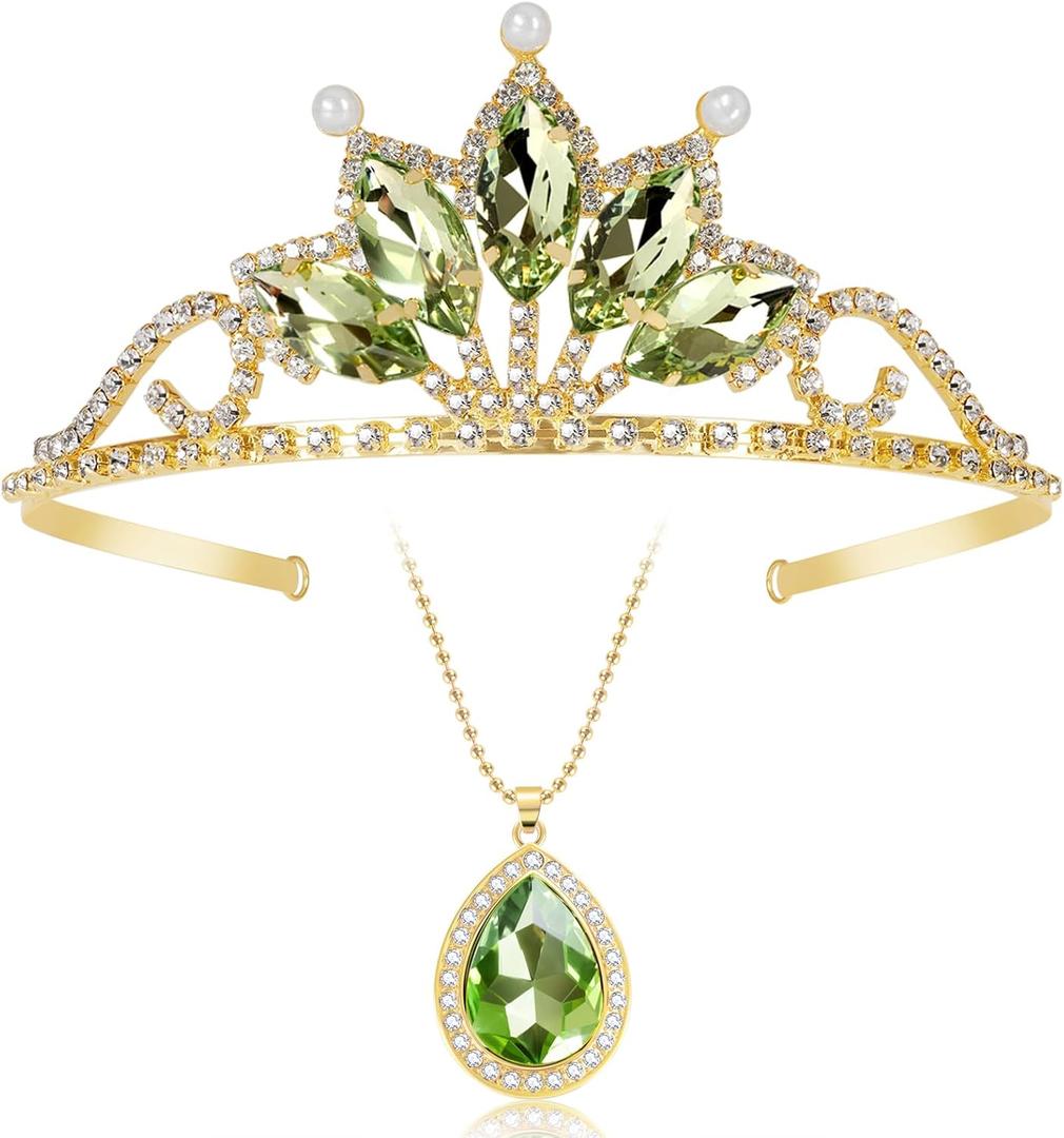 Princess Tiana Tiaras and Necklace for Women Green Princess Tiana Crown Birthday Halloween Party Princess Tiana Accessories