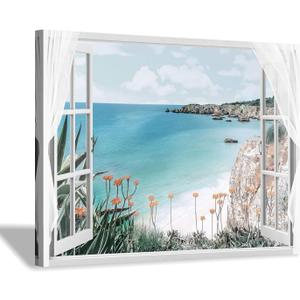 Hardy Gallery Coastal Painting Seascape Wall Art: Open Window View Picture Blue Ocean & Beach Artwork on Canvas for Bedroom (16'' x 12'' x 1 Panel)