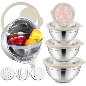 E-far Mixing Bowls with Lids Set, 15PCS Stainless Steel Mixing Nesting Bowl with Colander & 3 Metal Grater for Kitchen Prep/Baking/Storage, Non-Slip Bottom & Airtight Lid, 4.6, 3, 1.5, 1, 0.7QT, Khaki