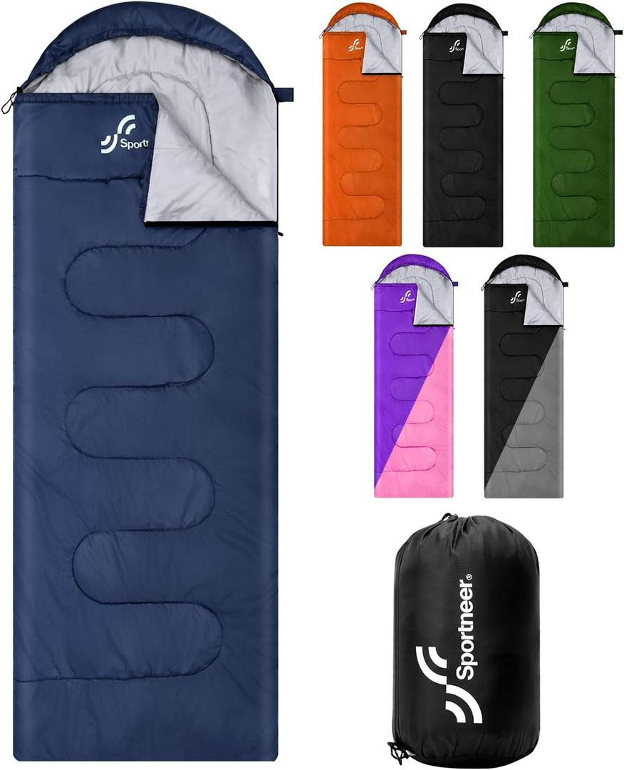 Sportneer Sleeping Bag, 3 Seasons Warm Cold Weather Sleeping Bags for Adults Kids Boys Girls with Compression Sack- Lightweight Camping Essentials Gear Accessories, Backpacking, Hiking (Dark Blue)
