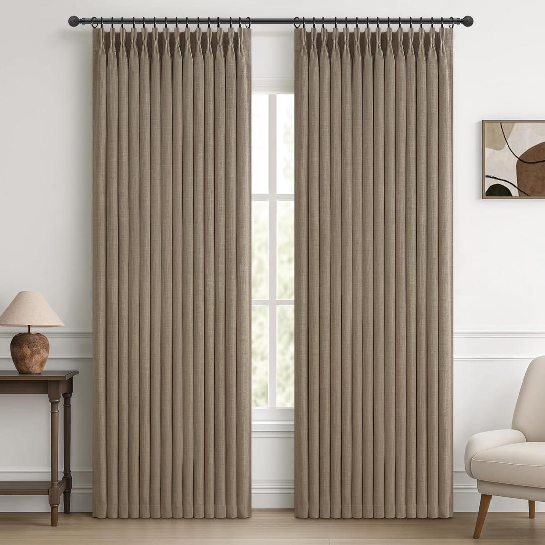 Extra Wide 70 Inch Natural Linen Blackout Bedroom Curtains 90 Inches Long 2 Panels Set, Memory Trained Pinch Pleated Thermal Curtain Room Darkening Soundproof Farmhouse Dual Layer Windows Drapes Burg