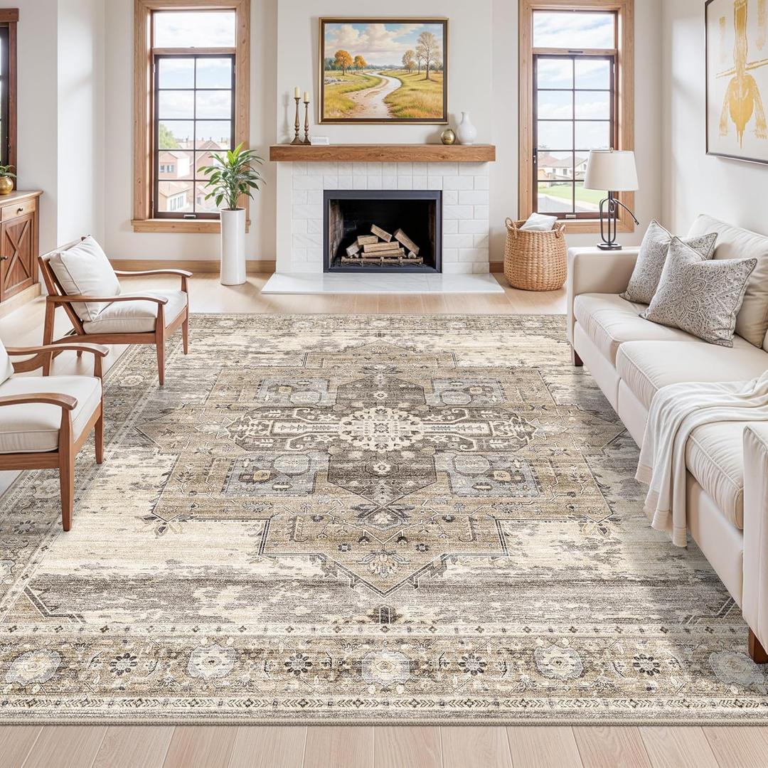 RUUGME Washable 10x10 Area Rug - Large Vintage Area Rugs with Non Slip Backing Low Pile Stain Resistant Carpet for Bedroom Dining Room Indoor Soft Carpets Home Decor Decoration Mat, Beige