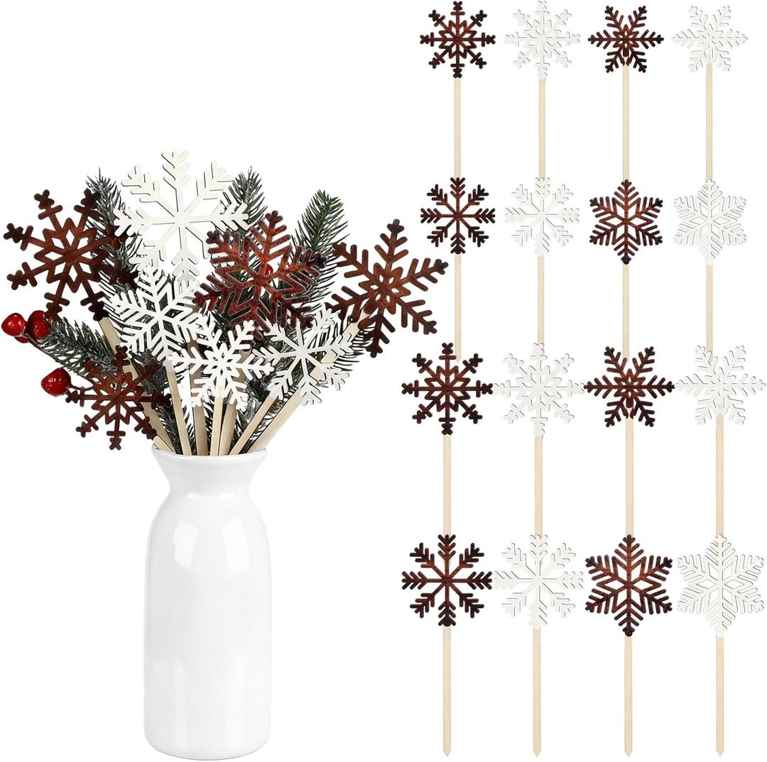36 Pcs Snowflakes Decorations Winter Snowflake Picks Wooden Snowflake Decorative Pick Vase Snowflakes Decor Floral Rustic Decorative Stick for Floral Arrangements Home Vase Decor