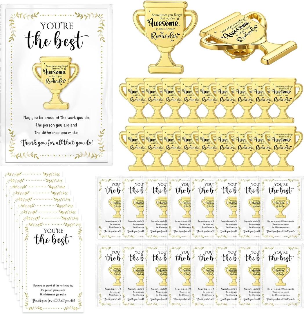 20 Sets Employee Appreciation Gifts Bulk Trophy Pins with Thank You Cards Organza Bags Inspirational Appreciation Recognition Gift for Team Staff Volunteer Student Teacher Nurse (Awesome)