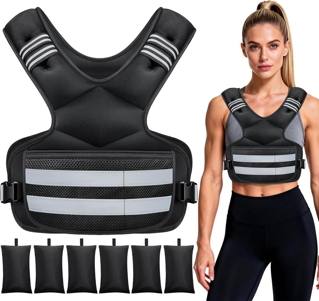 Adjustable Weighted Vest for Women and Men, 20-32 lbs Weight Vest with 6 Ironsand Bags, Storage Pocket and Reflective Stripes for Walking, Workout and Strength Training