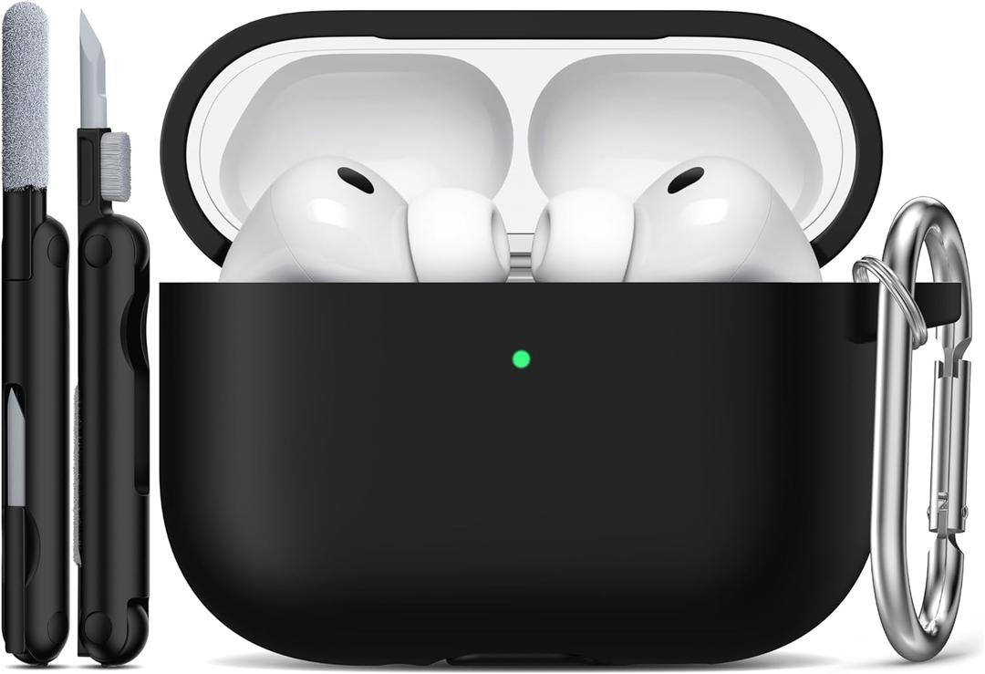 R-fun for AirPods Pro 3 Case (2025), Soft Silicone Protective Case Cover Compatible with Apple AirPods Pro 3rd Generation (USB-C Cable) for Women Men with Cleaning Kit and Keychain, Black