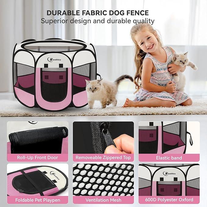 Pink Dog Playpen, Puppy Pet Cat Playpen Indoor for Small Dogs Cats, Dog Tent Crates Cage Indoor/Outdoor, Portable Pop Up Dog Kennel Playpen with Carrying Case for Dogs/Cats/Rabbits, Zipper Top