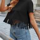 Remidoo Fringe Tops for Women Short Sleeve Crop Top T Shirt Western Cowgirl Cropped Tee (Black, S)
