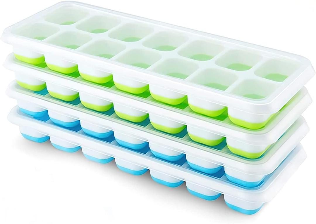Ice Cube Trays 4 Pack, Airabc Silicone with Removable Lid, Easy-Release Flexible 14-cube Trays, LFGB Certified and BPA Free, Stackable Covers for Cocktail, Freezer (Blue+green)