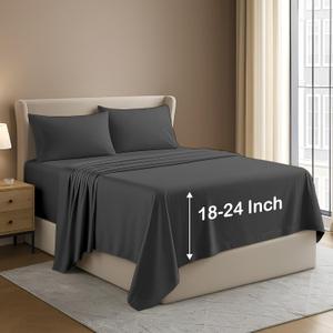 NON Sticky cotton 4 Piece King Extra Deep Pocket Sheet Set, 100% Egyptian Cotton, Soft and Breathable Bedding Sheets, Fits 18" to 24" High Mattress, 78" x 80", Dark Grey Solid
