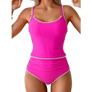 Eomenie Tankini Swimsuit for Women Tummy Control Ruched Two Piece Bathing Suits High Waisted Shell Stitch Swimwear (Small, Pink Floral)