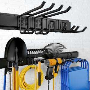 32 Inches Garage Storage, Garage Organization, Wall Mount Garden Tool Organizer, Max 300lbs Adjustable Metal Hooks, Yard Shed Hanging Rack, Heavy Duty Shelving for Rake Broom Mop Snowboard (32" Alloy Steel with 2 Panels & 4 Hooks)