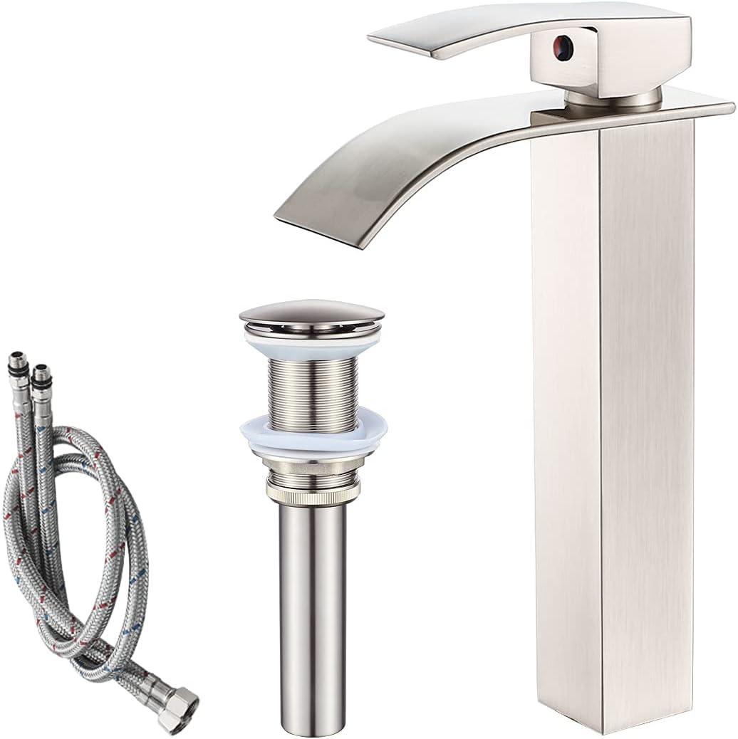 VOTON Vessel Sink Faucet Brushed Nickel Modern Tall Waterfall Bathroom Sink Faucet with Pop-Up Drain Single Handle Bathroom Faucet 1 Hole Bowl Lavatory Vanity Faucet, Rv Sink Camper Farmhouse Faucet