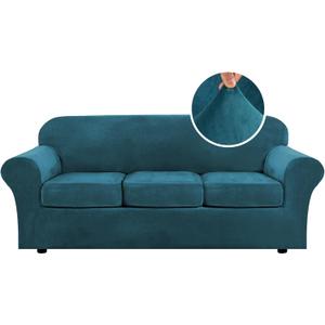 H.VERSAILTEX Modern Velvet Plush 4 Piece High Stretch Sofa Slipcover Sofa Cover Furniture Protector Form Fit Luxury Thick Velvet Sofa Cover for 3 Cushion Couch Width Up to 90 Inch (Sofa,Deep Teal)