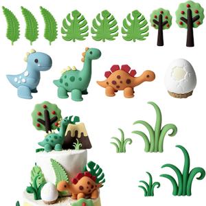 16Pcs Dinosaur Cake Toppers with 3D Dinosaur Egg and Leaf Tree Design for Birthday, Baby Shower, Boys and Girls Party Decorations - Dinosaur Birthday Cake Toppers for Boys