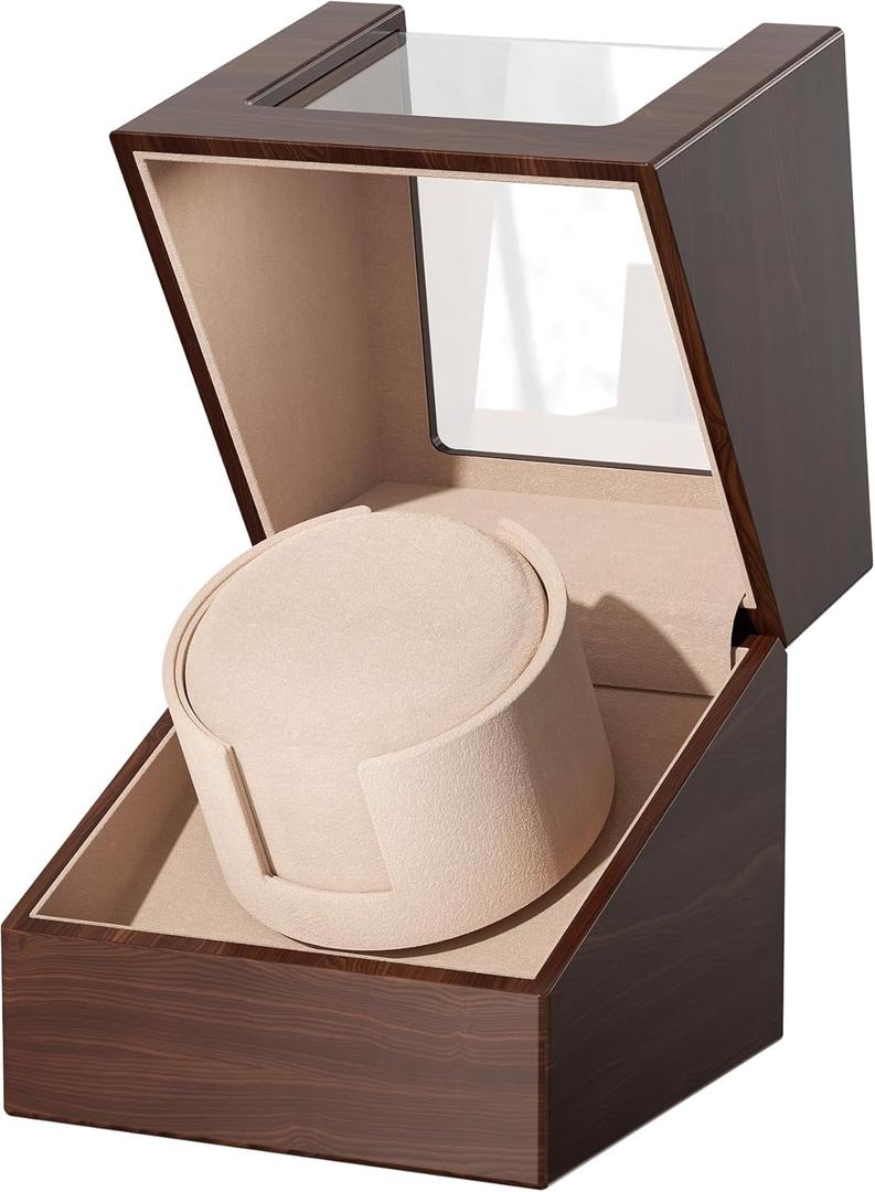 Racokky Automatic Single Watch Winder Box for Rolex and Other Watches, Ultra Quiet Japanese Motor, Self Winding Rotating Wooden Watch Case, Battery or Type-C, Premium Watch Box for Men and Women (Brown Wood Grain)