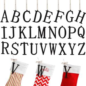 26 Pieces Christmas Stocking Tags Letter Cutout Initial Ornaments Personalized Farmhouse Hanging Name Tags for Christmas Rustic Decor(Black,Wood)