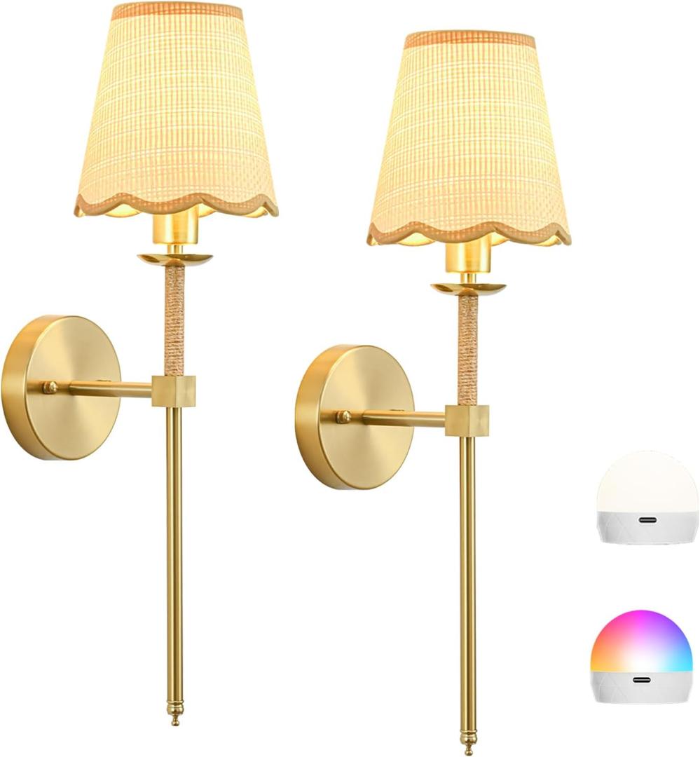 Boho Battery Operated Wall Sconce Set of 2, Gold Wireless Rechargeable Wall Lights with Rattan Shade, 12 RGB and 3CCT Dimmable Cordless Wall Lamps with Remote for Bedroom Living Room