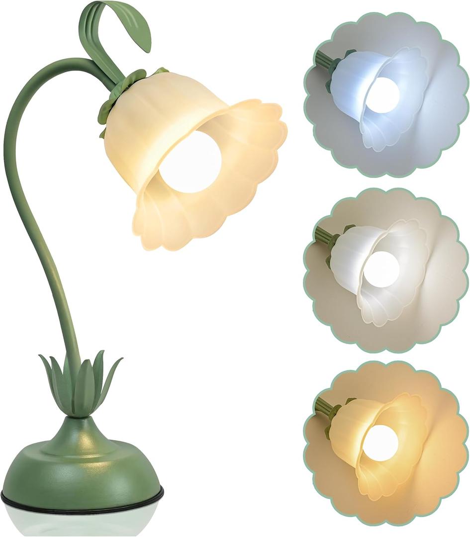 Tulip Flower Table Lamp, 3 Color Temperature Flexible Gooseneck Cute Small Desk Lamp for Bedroom, Vintage Nightstand Bedside Lamps for Living Room, Dorm, Office, Home Decor (Tulip Green)