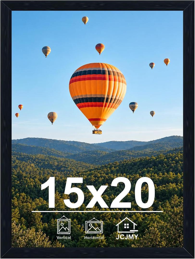 JCJMY 15x20 Picture Frame - Black, Horizontal & Vertical Formats for Wall Hanging, 15 x 20 Gallery Frame for Photos & Posters