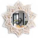 Boho Wall Decor Mirror Macrame Circle Hanging Mirror for Bedroom Living Room Apartment Entryway Home Decor (White)