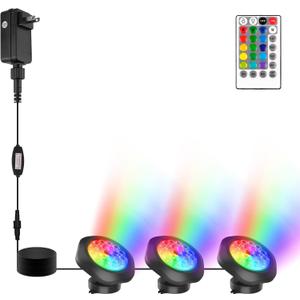 RGBW Pond Lights with Timer, 18 LED Super Bright Underwater Submersible Fountain Lights Color Changing Spotlights, Remote Control IP68 Waterproof for Fish Aquarium Tank Garden Pool (Set of 3)