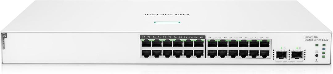 HPE Networking Instant On Switch Series 1830 24-Port Gb Smart-Managed Layer 2 Ethernet Switch with PoE | 24x 1G | 2X SFP | 12x CL4 PoE (195W) | Fan-Less | US Cord (JL813A#ABA)