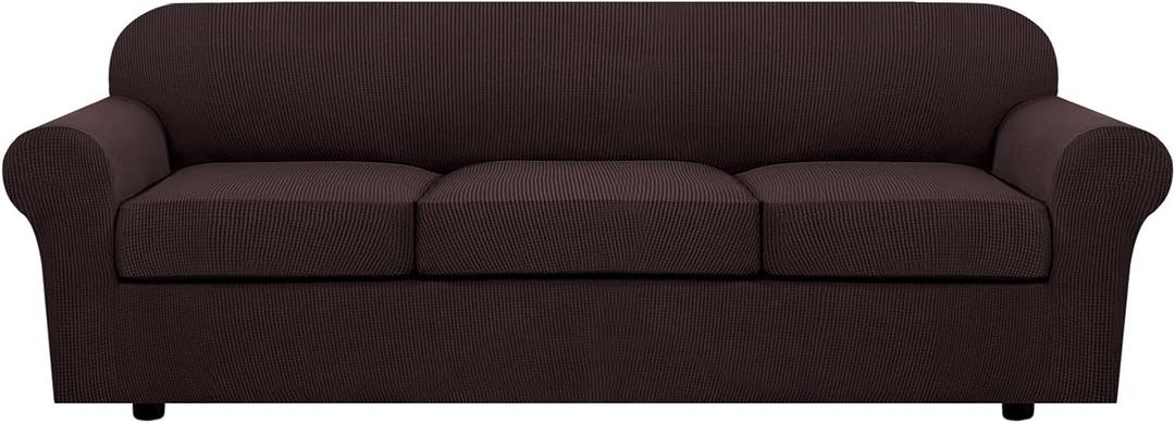 H.VERSAILTEX 4 Piece Stretch Sofa Covers for 3 Cushion Couch Covers for Living Room Furniture Slipcovers (Base Cover Plus 3 Seat Cushion Covers) Upgraded Thicker Jacquard Fabric (XL Sofa, Chocolate)