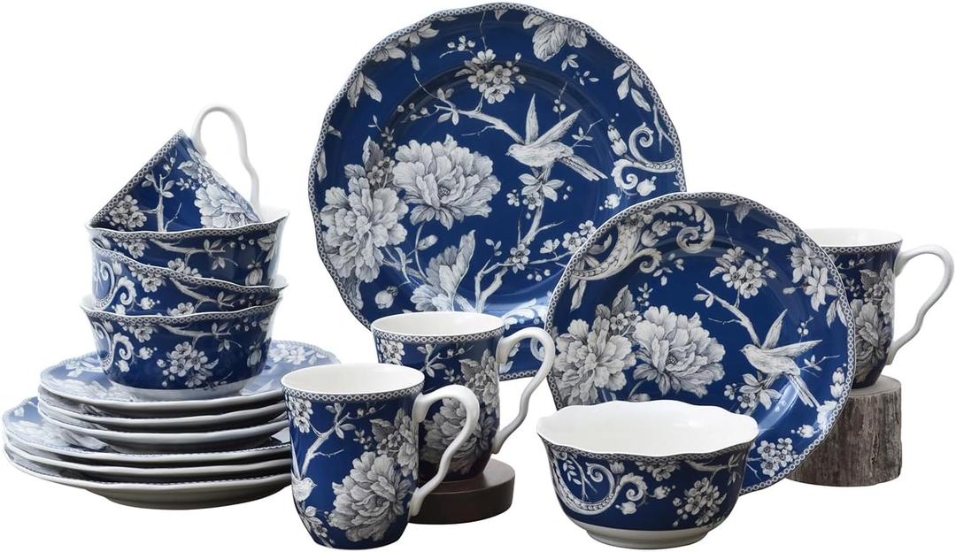 222 Fifth Adelaide 16-Piece Dark Blue Porcelain Dinnerware Set  Service for 4, Plate, Bowl & Mug Set, Bird & Floral Design, for Everyday Dining & Entertainment, Microwave & Dishwasher Safe