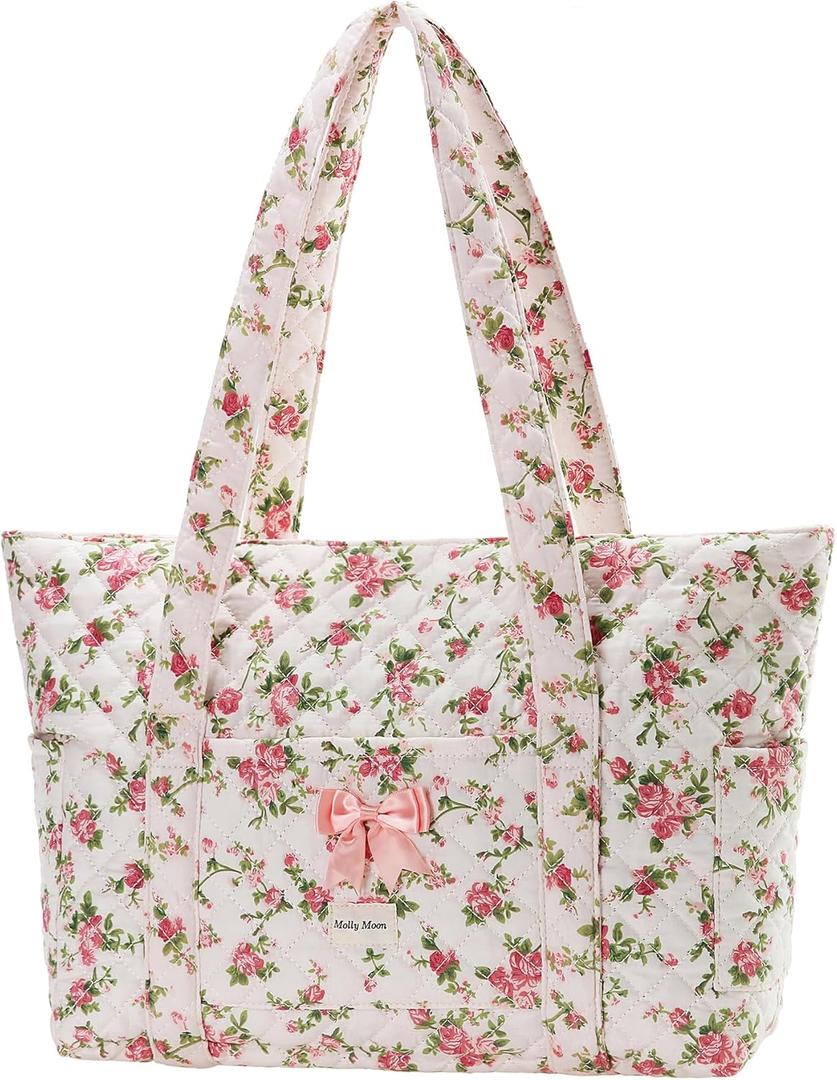 Molly Moon Floral Quilted Tote Bag for Women, Rose Tote Bag with Zipper, Quilted Cotton Shoulder Bag for Women, Pink Floral Bag for Travel, Daily, Women's Gifts for Sister Teachers