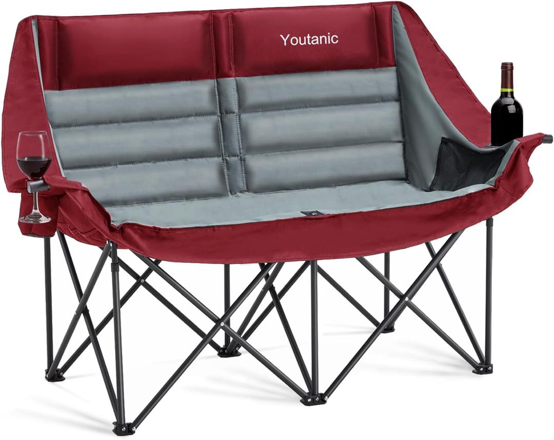 Oversized Camping Chair, Double Folding Loveseat Camping Couch with Pocket, Cup Holder and Carry Bag, Heavy Duty Portable Camping Chairs for Adults, Fishing, Sports, Trip, up to 660lbs, Red