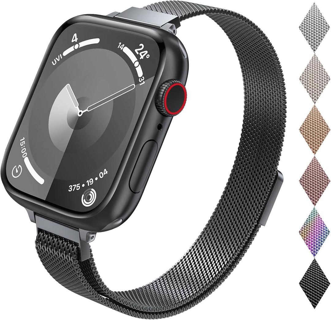 for Apple Watch Band Series Ultra SE 8 7 6 5 4 3 2 1 38mm 40mm 41mm Stainless Steel Slim & Thin Mesh Magnetic Clasp Strap Women and Girl Replacement Band for iWatch (Black)