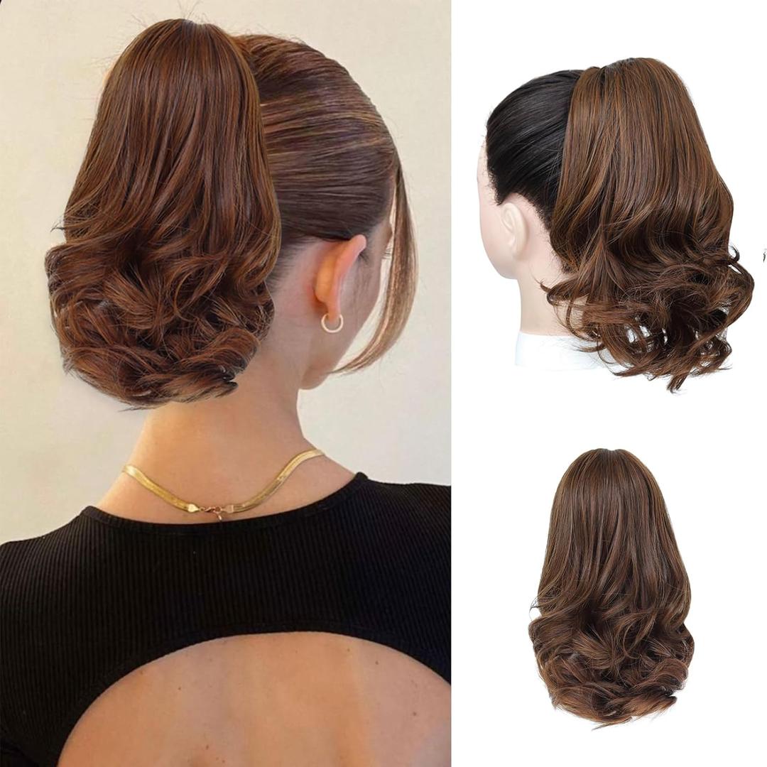 Ponytail Extension 8 Inch Claw Clip in Ponytail Short Curly Ponytail Extension for Women Messy Bun Fluffy Wavy Curly Synthetic Versatile Brown Hairpieces