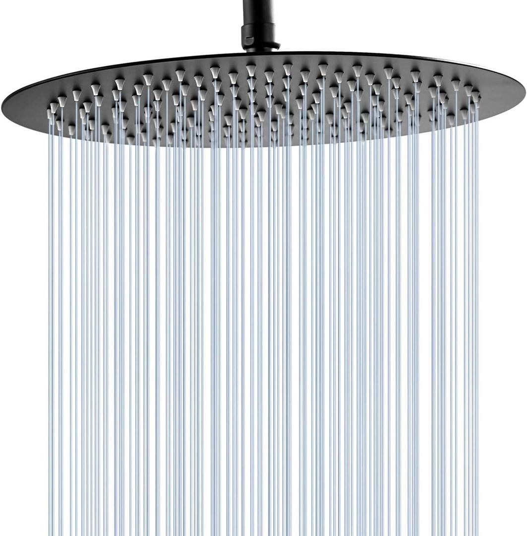GGStudy Round 16 Inch Stainless Steel Shower Head Rain Style Shower Head Black Large Square Rainfall Shower Heads Matte Black