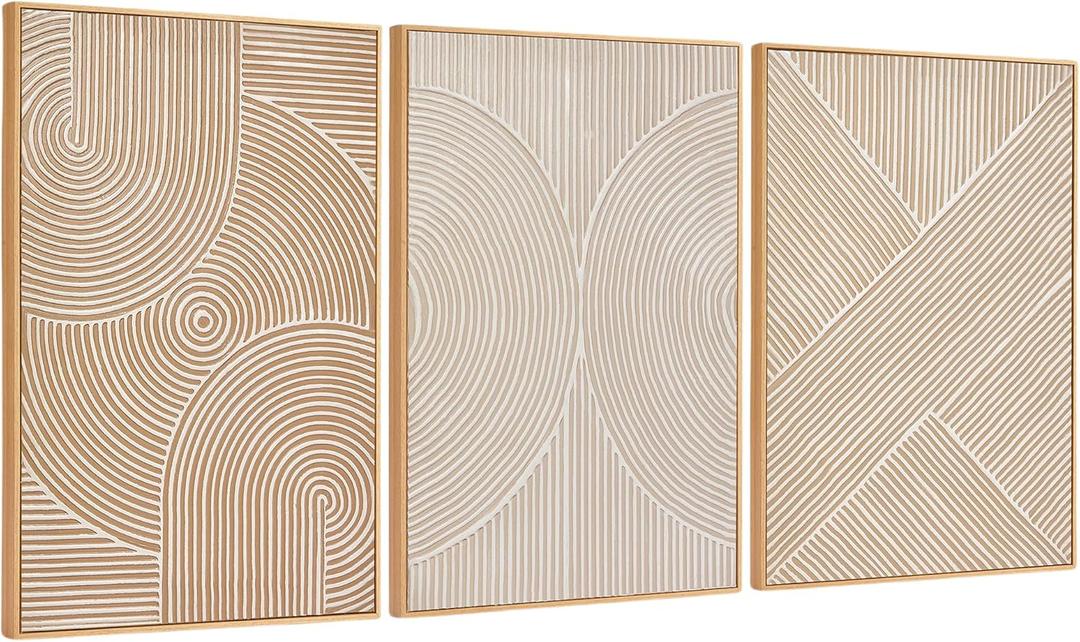 Zessonic Neutral Minimalist Textured 3D Wall Art Abstract Hand-Painted Framed Wall Decor Geometric Artwork Canvas Paintings- Living Room Bedroom Office - Modern Boho Neutral Line 16"x24" 3 piece