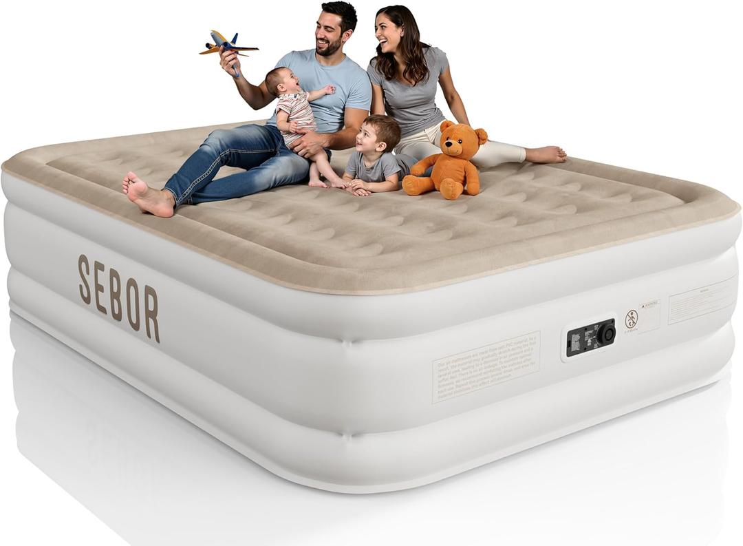 Sebor Air Mattress Queen with Built-in Pump 18", Comfortable Self-Inflating Air Mattress with High-Speed Pump, Durable Blow Up Mattress Queen with Storage Bag for Guests, Camping, Travel (Khaki)
