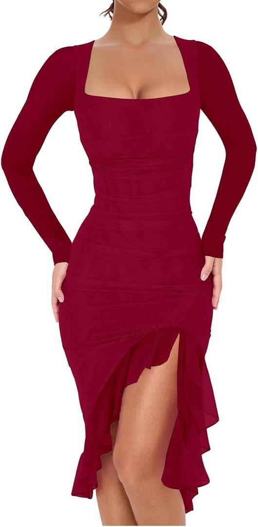 Womens Sexy Ruched Bodycon Midi Dress Mesh Long Sleeve Square Neck Cocktail Ruffle Hem Dress Spring Wedding Guest Dress (Medium, A001 Wine)