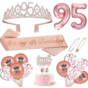 Hysilla 95th Birthday Party Decorations for Women Including Sash Women, Crown, Cake Topper, Balloons, Pin and Candle Set, Rose Gold
