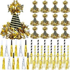 Lenwen 36 Pcs 2026 New Years Eve Party Supplies Including 12 New Year Cone Hats 24 Noise Makers Horns Blowouts Tassel Squawkers Blowers for Eve Party Decoration