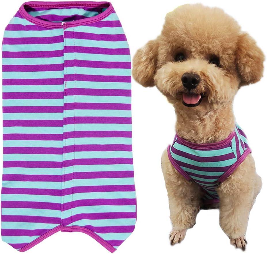 Dogs Recovery Suit Post Surgery Shirt for Puppy, Wound Protective Clothes for Little Animals, Size L, Purple Blue Stripe
