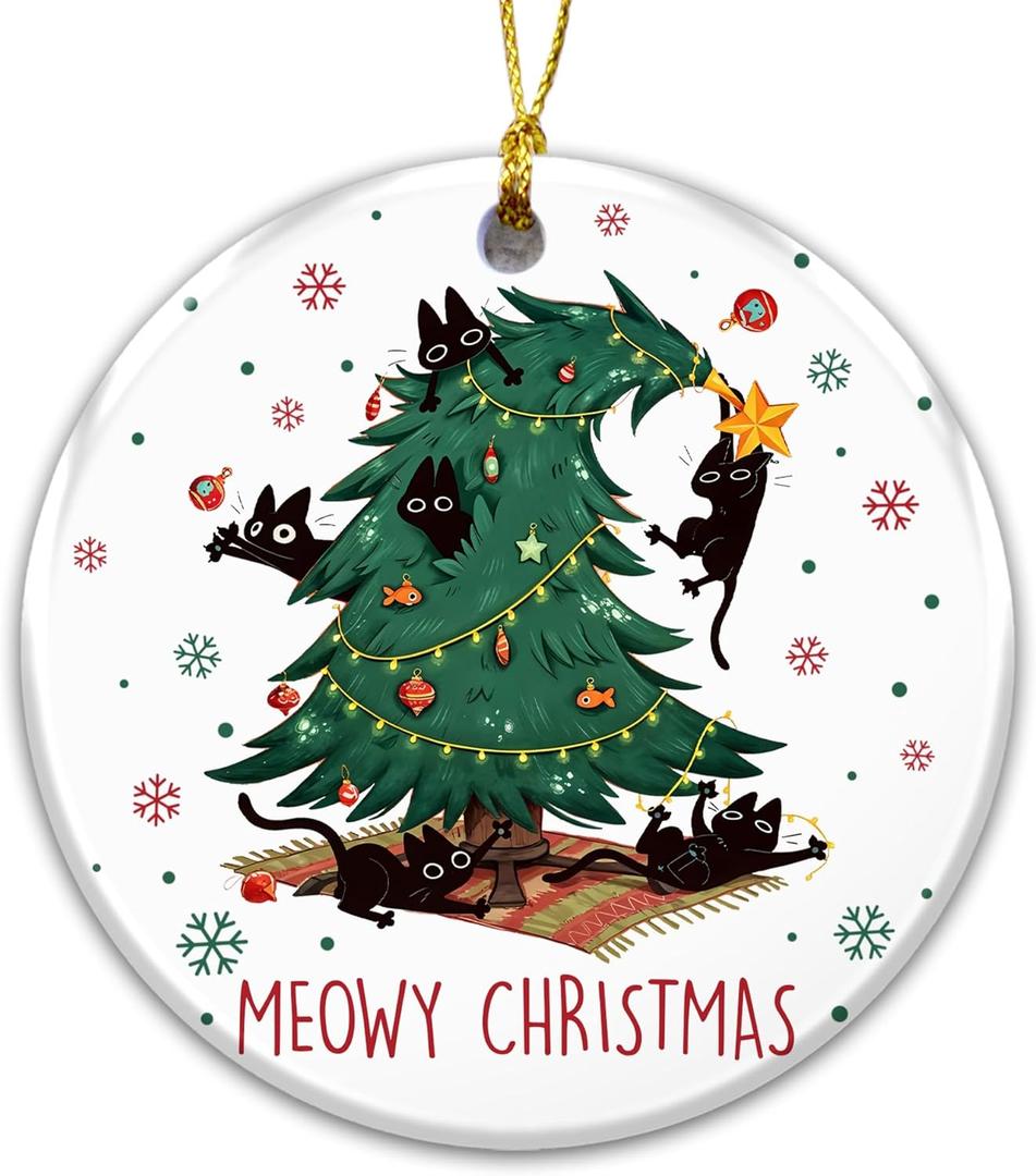 2 x Meowy Christmas Cat Ornament  Funny Ceramic Holiday Decoration with Black Cats in Christmas Tree  Cute Pet Lover Gift  Rustic Farmhouse Xmas Tree Dcor with Cats