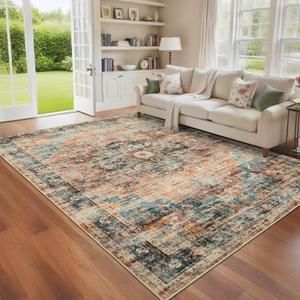 GarveeHome 4x6 Washable Vintage Living Room Area Rug: Vintage Machine Washable Area Rug for Living Room Indoor Large Non-Slip Bedroom Carpet Low Pile Stain Resistant Dining Room Carpet Green&Brown