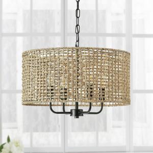 Rattan Wicker Drum Chandeliers for Dining Room, 4-Light Bohemian Hand-Woven Farmhouse Drum Pendant Chandelier Light Fixture for Entryway Living Room Kitchen Stairway Bedroom Hallway, 20" Ratan Chandelier