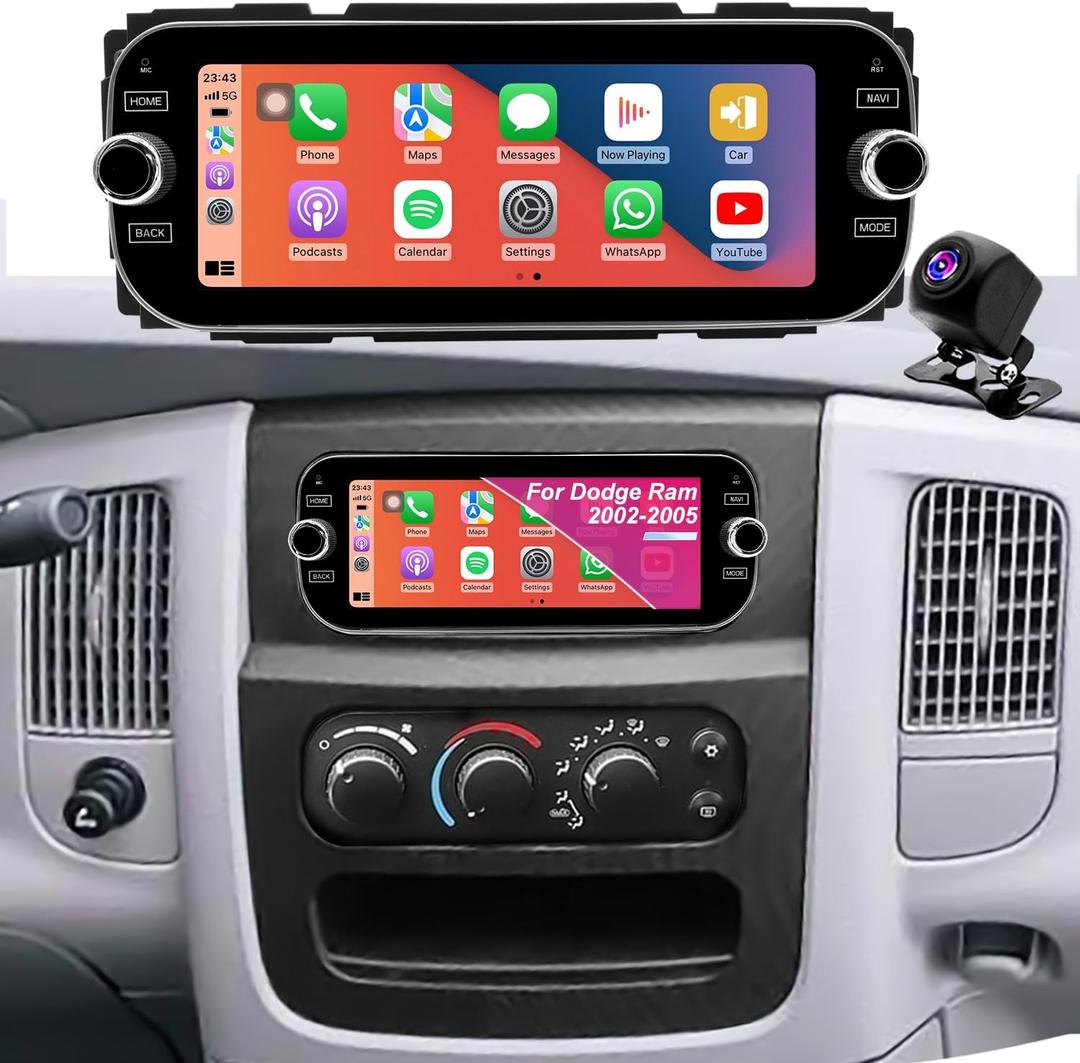 Car Radio for Dodge Ram 2002-2005, Jeep Wrangler 2003-2006, Grand Cherokee 1999-2004, Liberty 2002-2007, Dakota 2001-2004, 6.86inch Touchscreen Stereo Carplay Android Auto Camera Bluetooth GPS WiFi FM