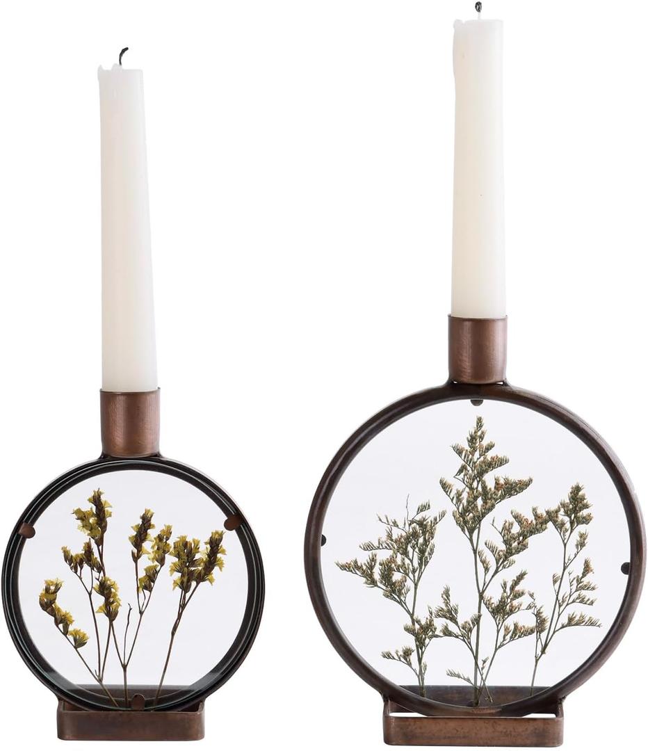NIKKY HOME Nature Dried Flower Taper Candle Holders Set of 2, Vintage Decorative Metal Candlesticks Round Frame with Glass Centerpieces Decor for Dining Room Table Wedding Party Mantle Fireplace